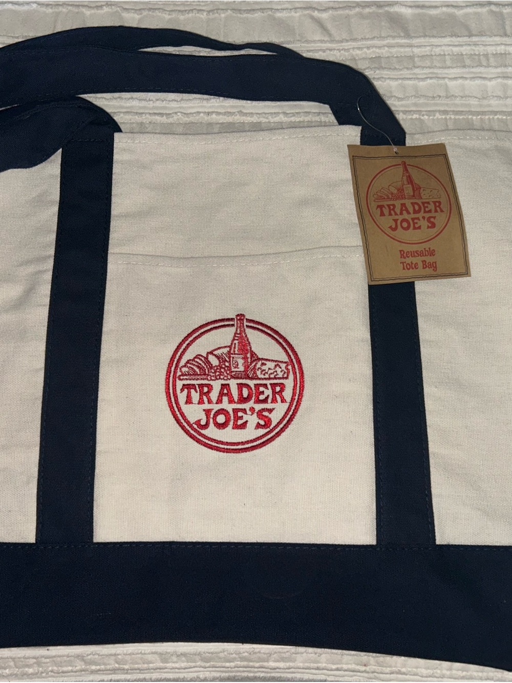 Canvas Reusable Tote Bag - Cream with Navy Accents